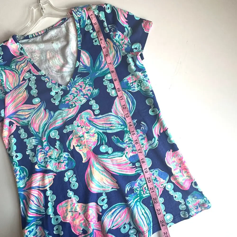 Lilly Pulitzer Michele Tee Womens Medium Blue Going Coastal Print Jersey Top